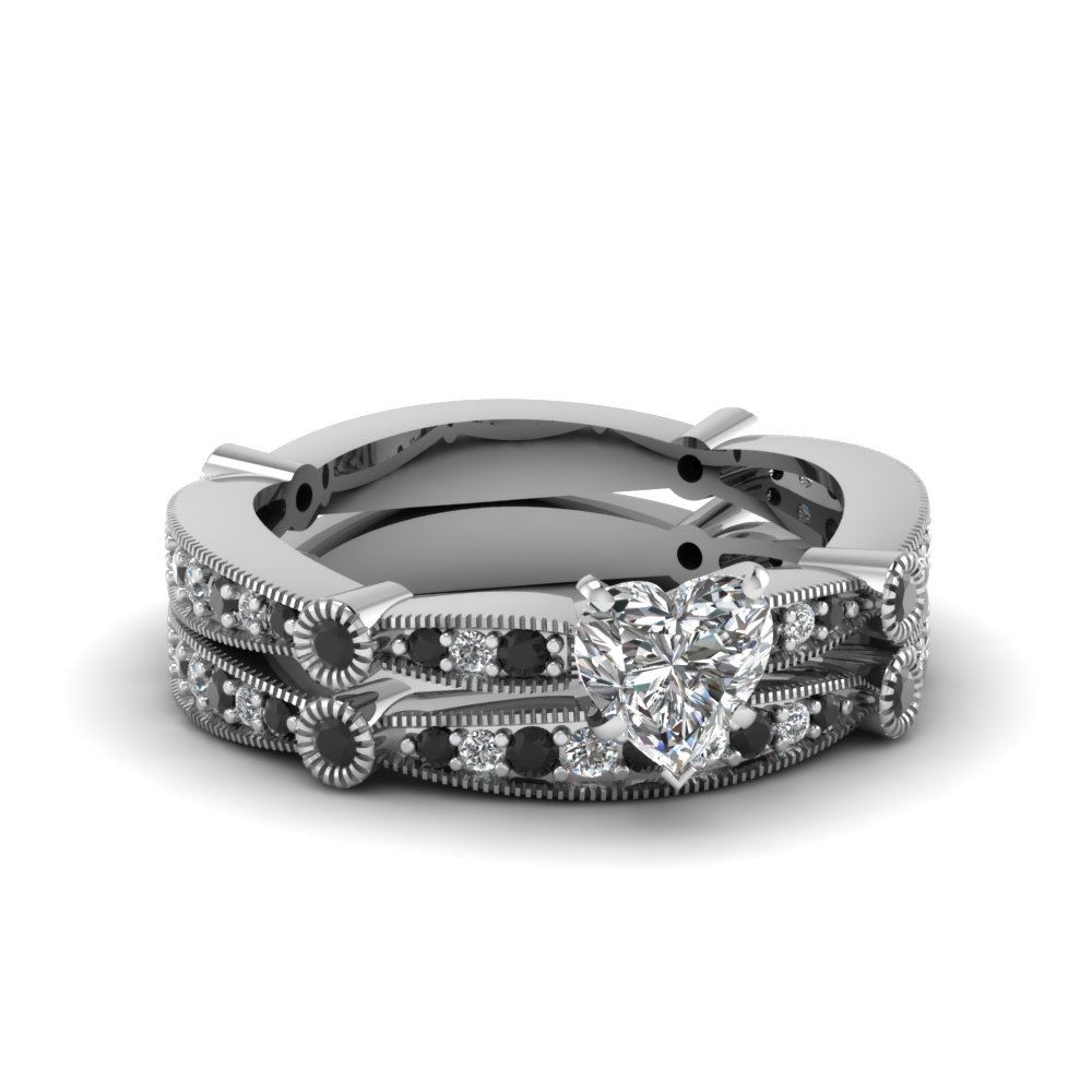 White Gold Heart Diamond Engagement Wedding Ring With Black White Gold Heart Diamond Engagement Wedding Ring