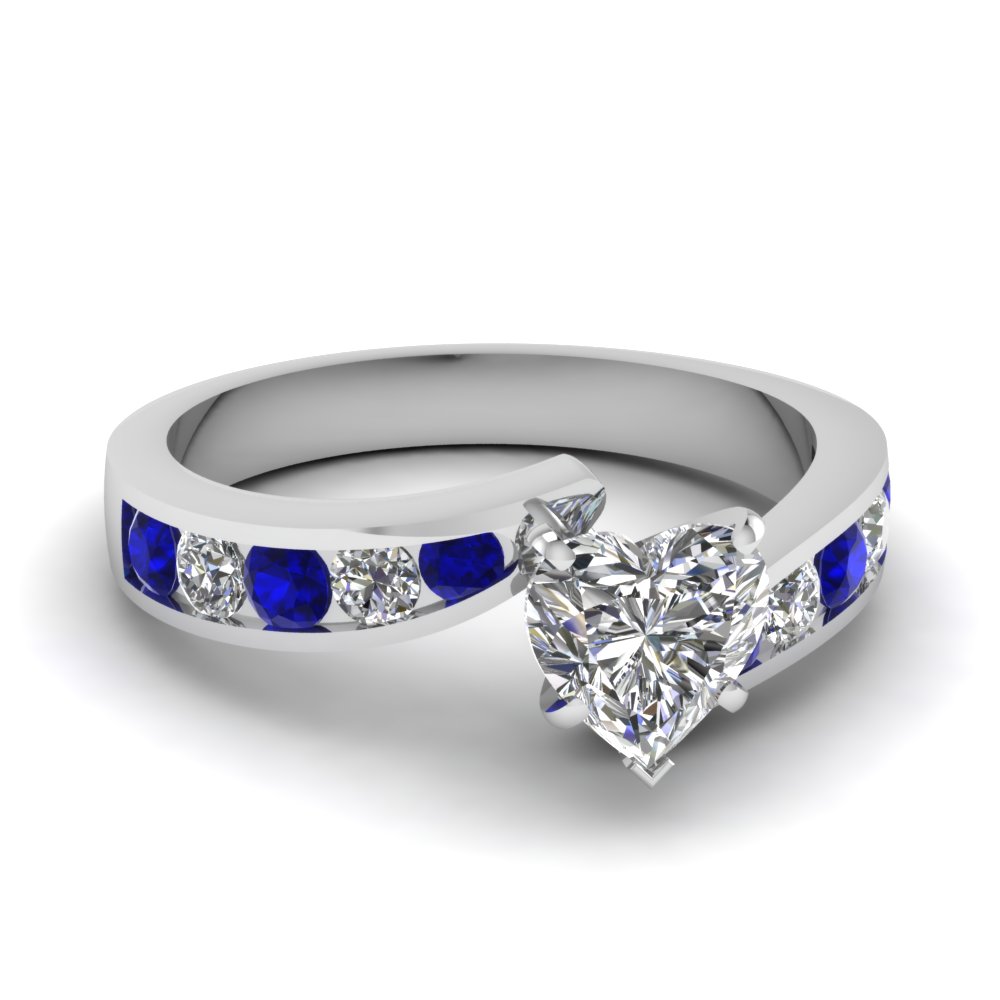 Heart Shaped Swirl Channel Diamond Engagement Ring With Sapphire In 14K ...