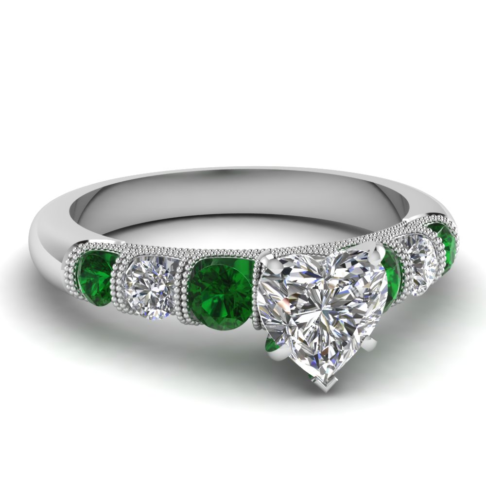 milgrain prong bar set heart diamond engagement ring with emerald in FDENS1783HTRGEMGR NL WG