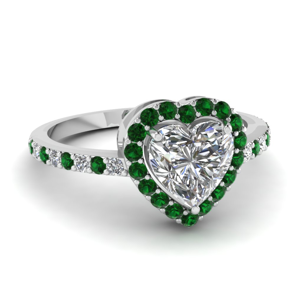 heart shaped halo diamond engagement ring with emerald in FD1011HTRGEMGR NL WG