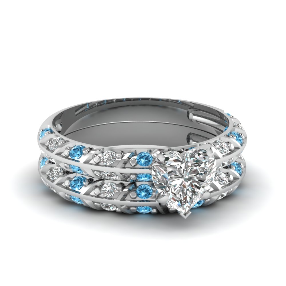 Pave Knife Edge Heart Diamond Wedding Ring Set With Blue Topaz In 14K ...