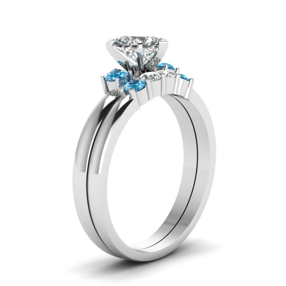 Heart Shaped Three Stone Ring with Basket Prong Band with Ice Blue Topaz 14K White Gold