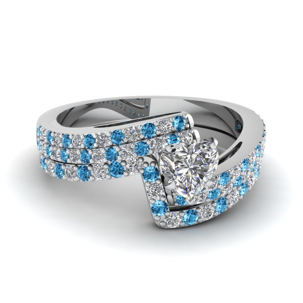 White Gold Heart White Diamond Engagement Wedding Ring With Ice Blue ...