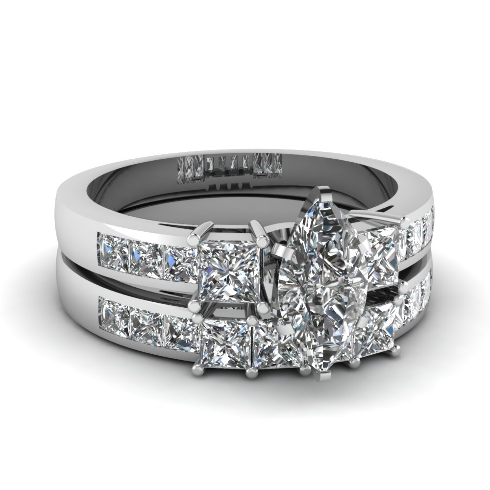 Marquise Shaped diamond Wedding Ring Sets with White Diamond in 14K ...