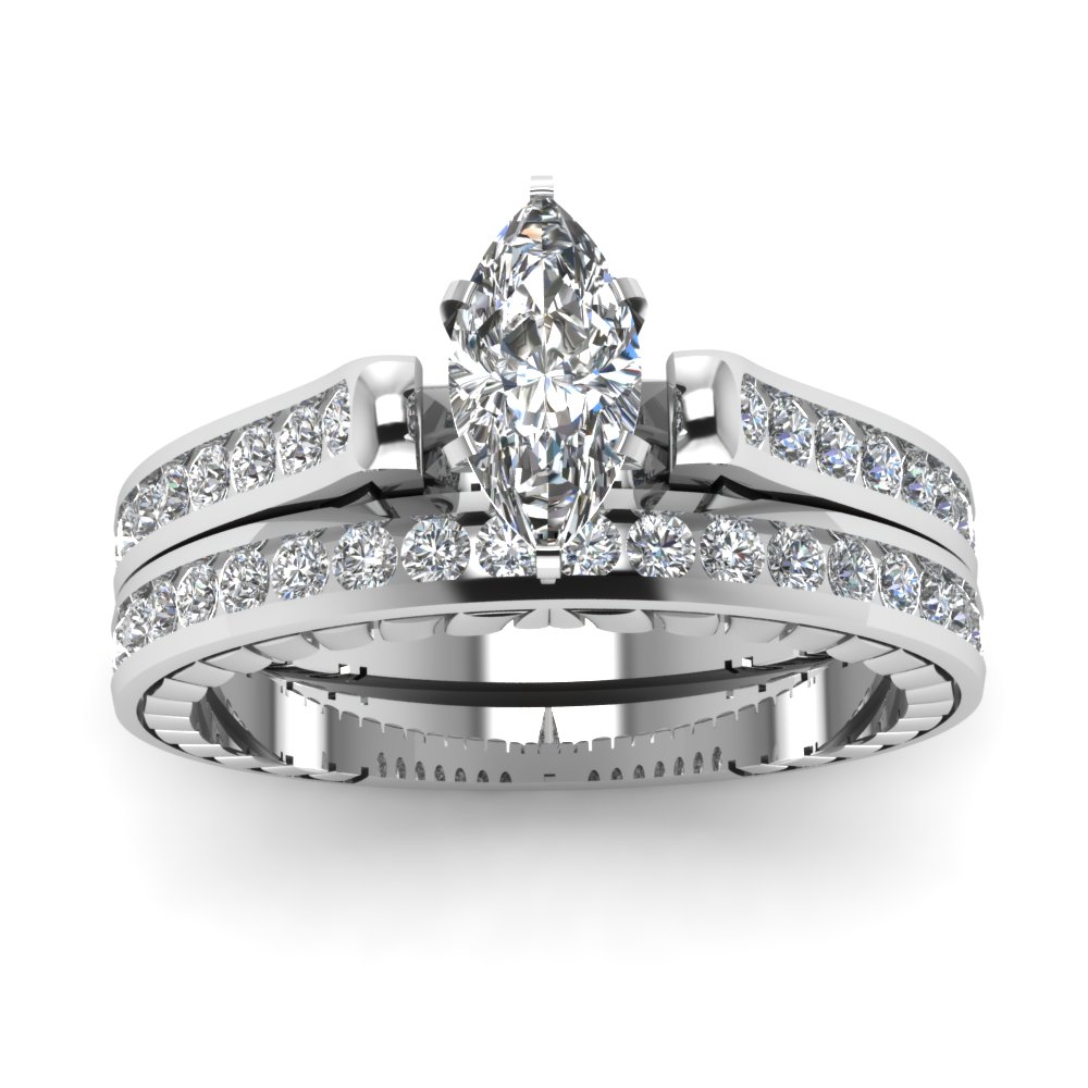 Cathedral Channel Set Marquise Diamond Wedding Ring Set In 18k White
