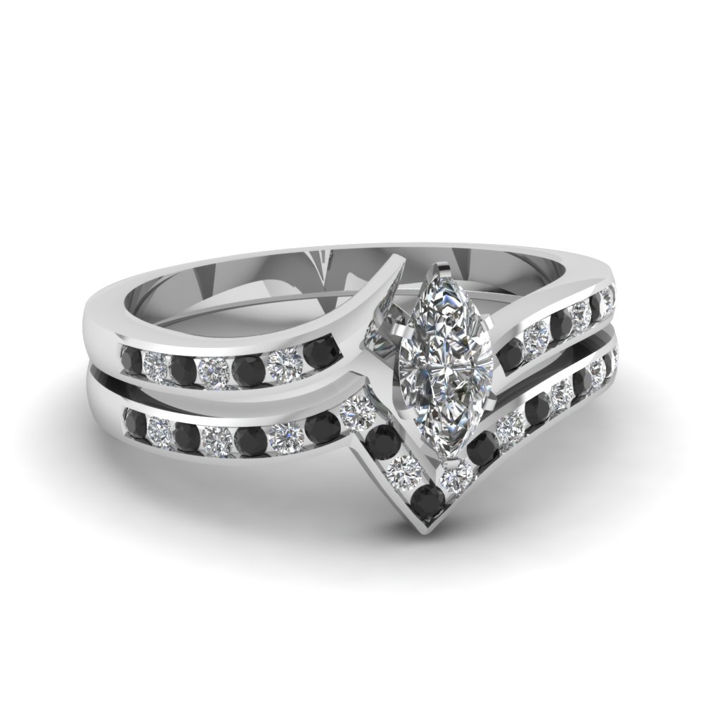 Twist Channel Marquise Wedding Set With Black Diamond In 14k White