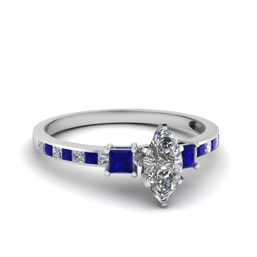 Delicate 3 Stone Marquise Diamond Engagement Ring With Sapphire In 14K ...
