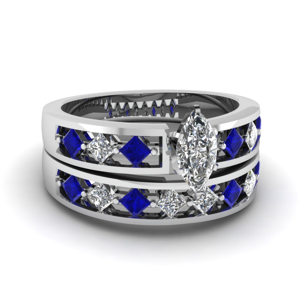 White Gold Marquise White Diamond Engagement Wedding Ring With Blue ...