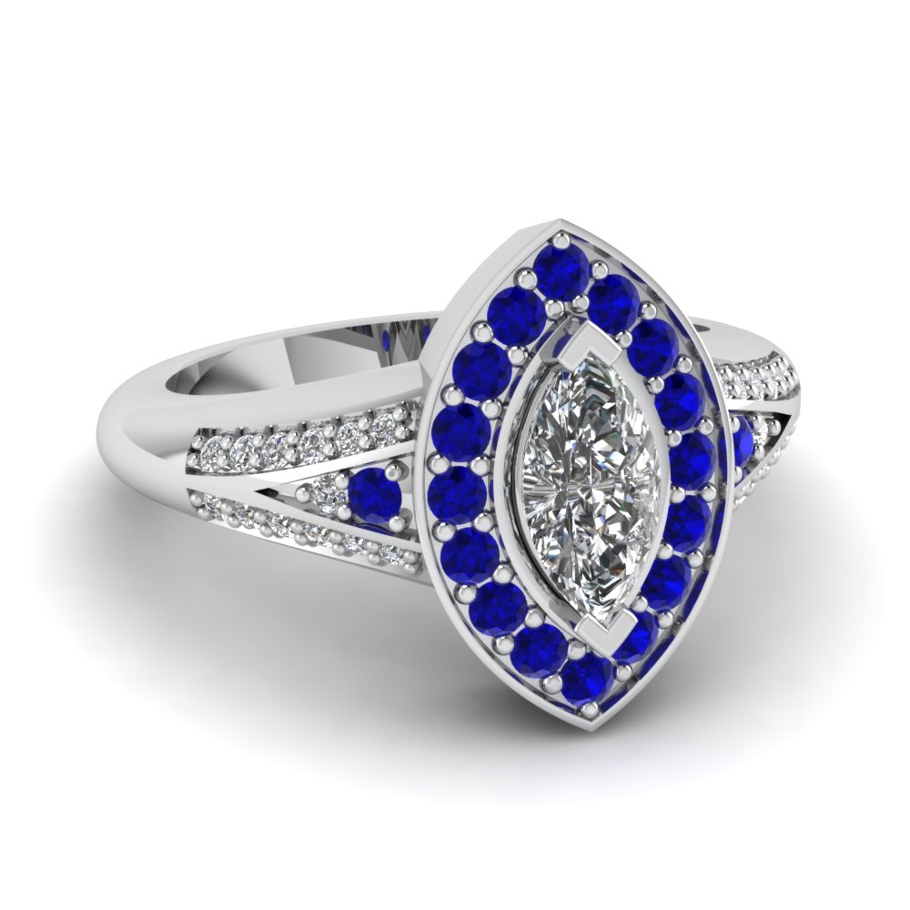 Marquise Shaped Halo Blue Sapphire Rings