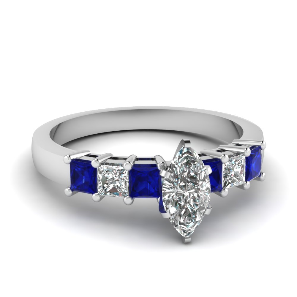 7 Stone Marquise Engagement Ring With Sapphire In 18K White Gold ...