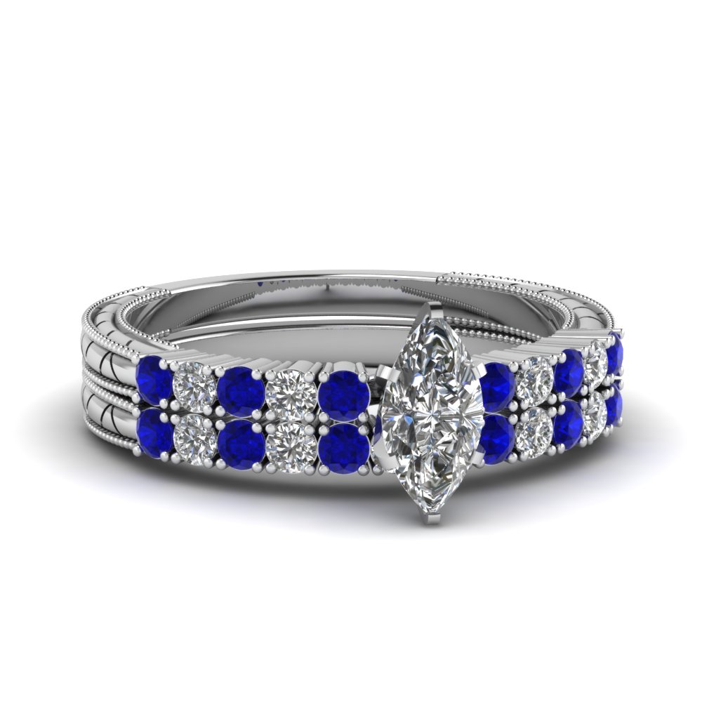 Petite Vintage Marquise Diamond Wedding Ring Set With