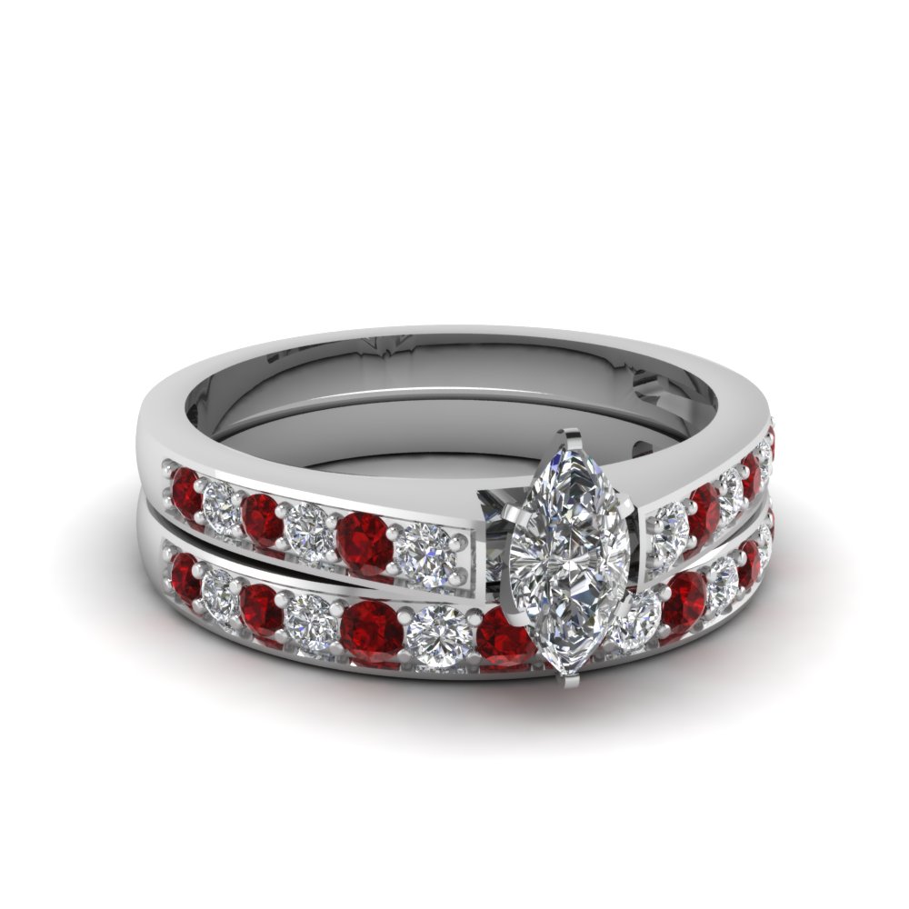 Marquise Cut Pave Diamond Wedding Ring Set With Ruby In