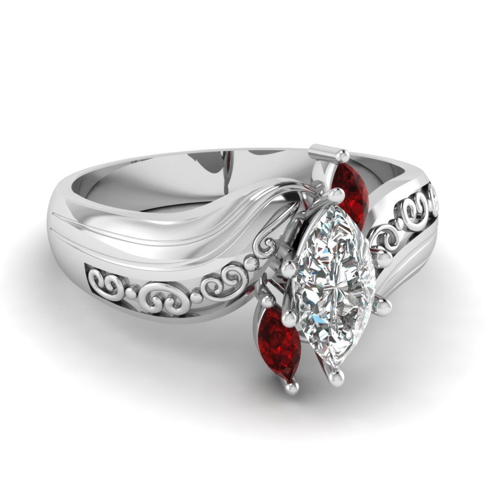 Marquise Cut & Red Ruby 3 Stone Diamond Rings