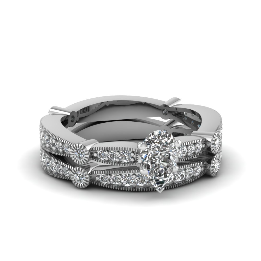 Pear Diamond Vintage Tapered Wedding Ring Set In 14K White Gold ...