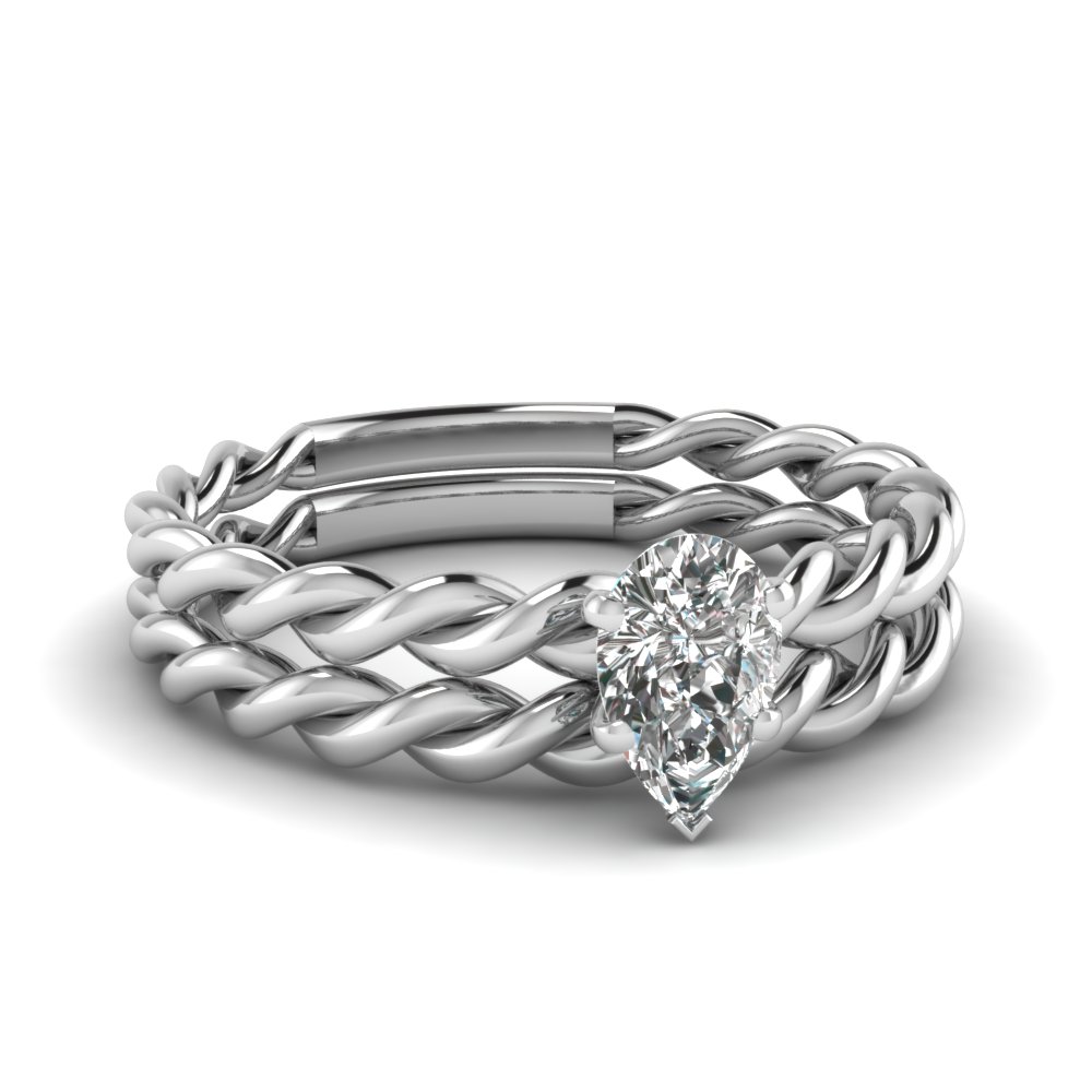 Pear Twisted Rope Solitaire Bridal Set In 18k White Gold
