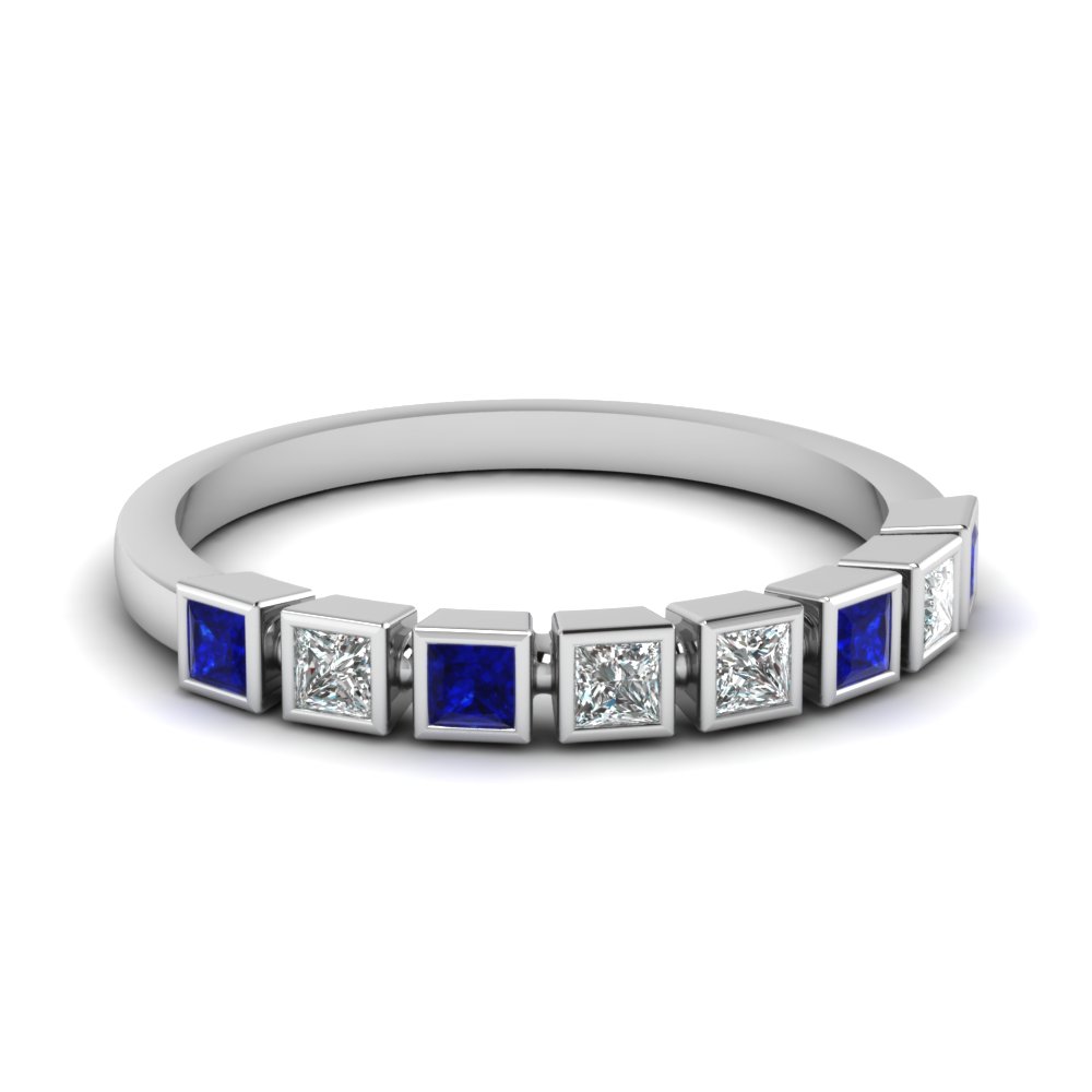 princess cut bezel diamond wedding band with sapphire in FD62276BGSABL NL WG