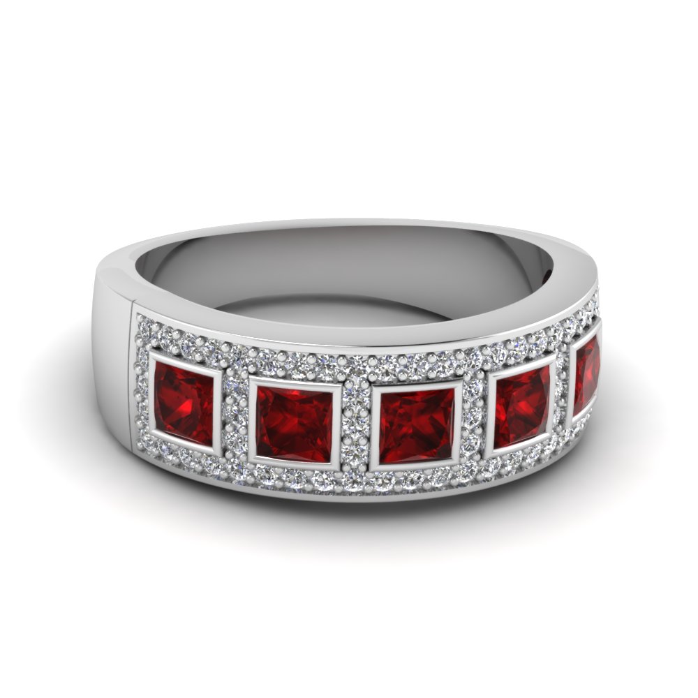 White Gold Princess Red Ruby Wedding Band With White