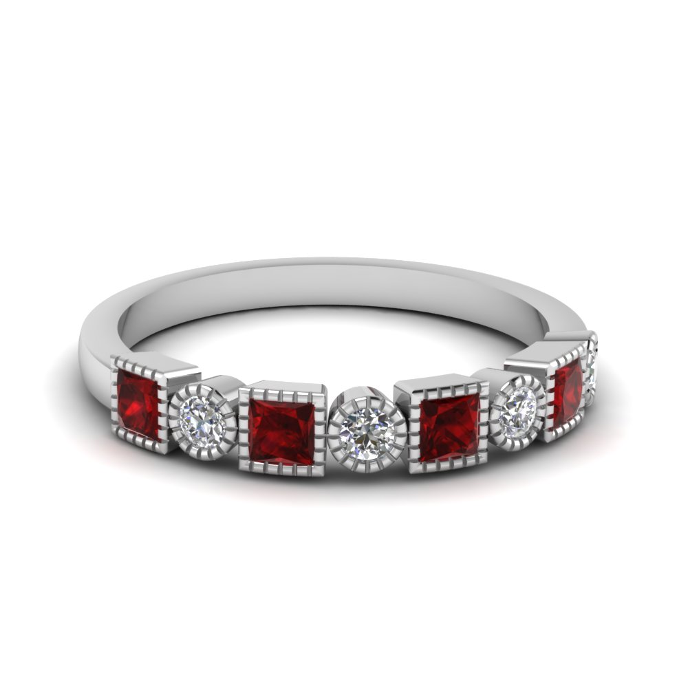 Diamond Art Deco Band  With Ruby  In 14K White  Gold  