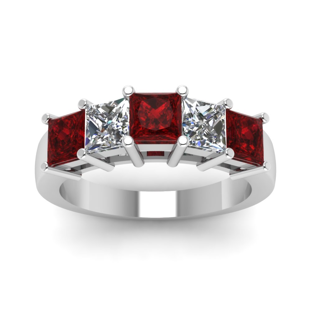 Princess Cut 5 Stone Wedding Anniversary Band With Ruby In