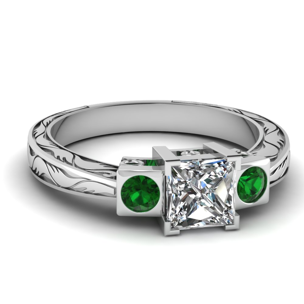 1.62 Emerald 3 stone Deep Green Emerald CZ VVS1 Promise Bridal Wedding Engagement Classic Designer Ring Solid 14k Yellow Gold