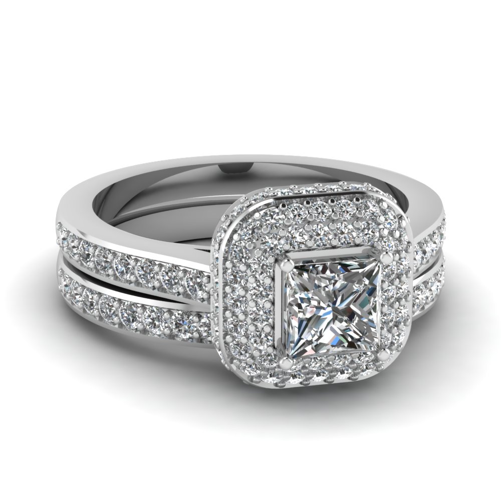 Halo Crown Princess  Cut  Diamond Wedding  Ring  Set  In 18K 