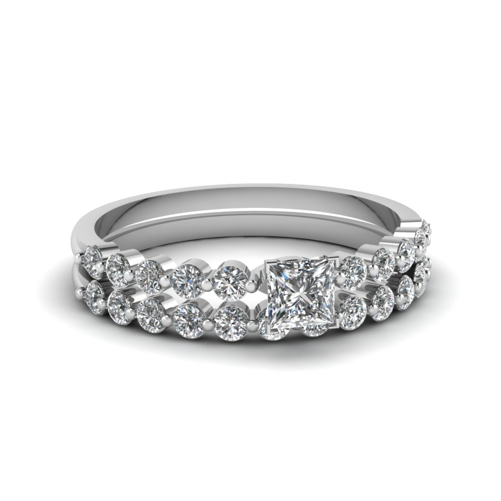 Emerald Cut Floating Diamond Wedding Ring Set In 18k White Gold Platinum Diamond Bridal Sets For Her