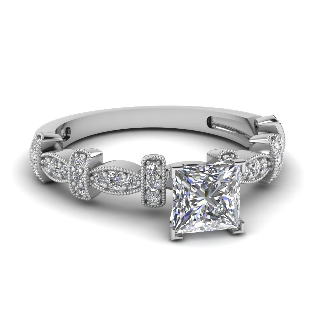 Art Deco Milgrain Princess Cut Diamond Engagement Ring In 14K White ...