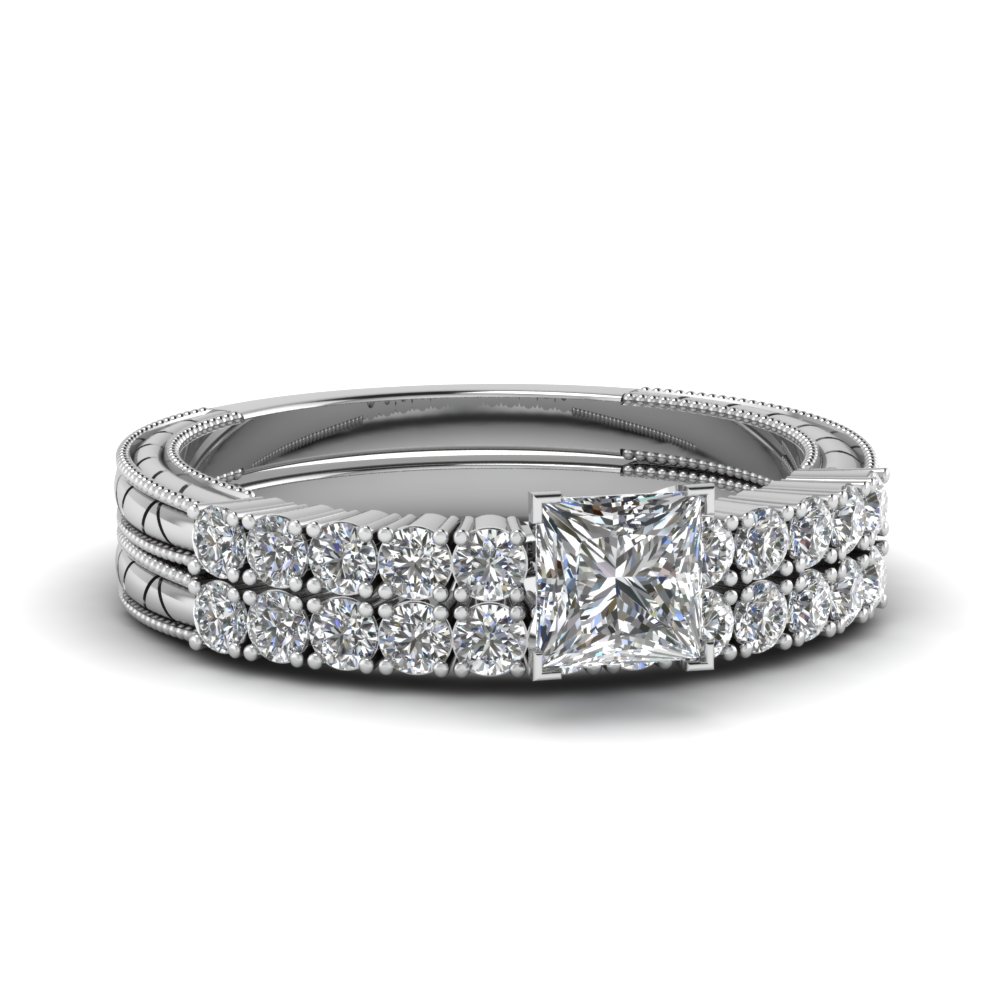Petite Vintage Princess Cut Diamond Wedding Ring Set In