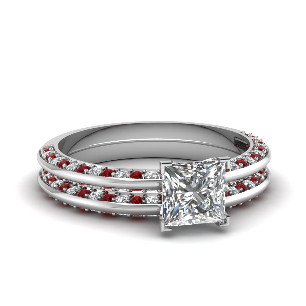 Princess Shaped Petite Knife Edge Bridal Ring Set with Red Ruby in 14K White Gold