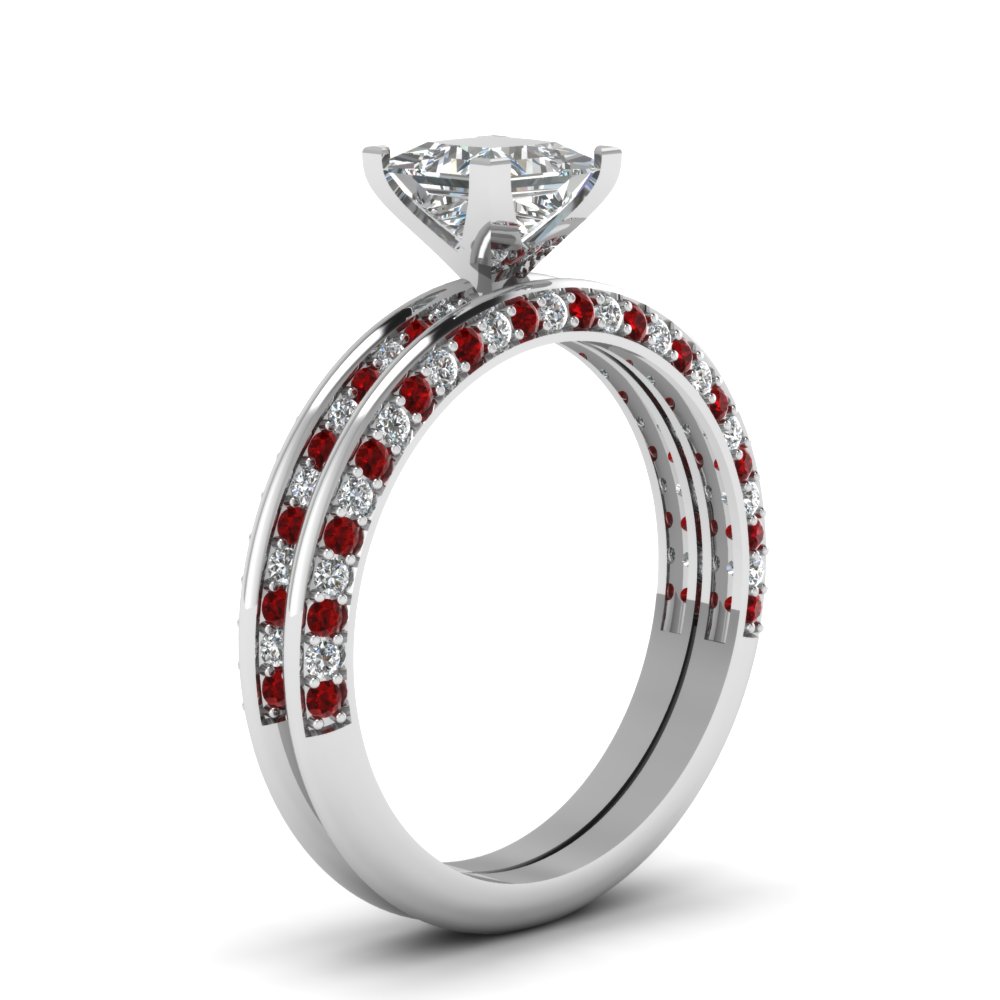 Princess Shaped Petite Knife Edge Bridal Ring Set with Red Ruby in 14K White Gold