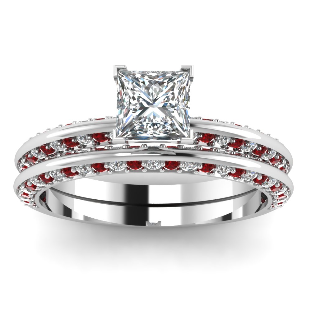 Princess Shaped Petite Knife Edge Bridal Ring Set with Red Ruby in 14K White Gold