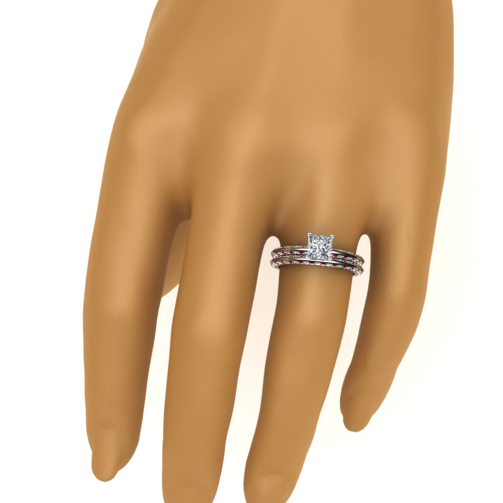 Princess Shaped Petite Knife Edge Bridal Ring Set with Red Ruby in 14K White Gold