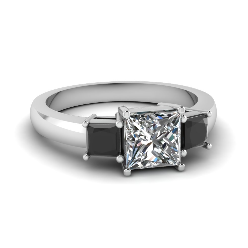 Princess Cut 3 Stone  Engagement  Ring  With Black  Diamond In 