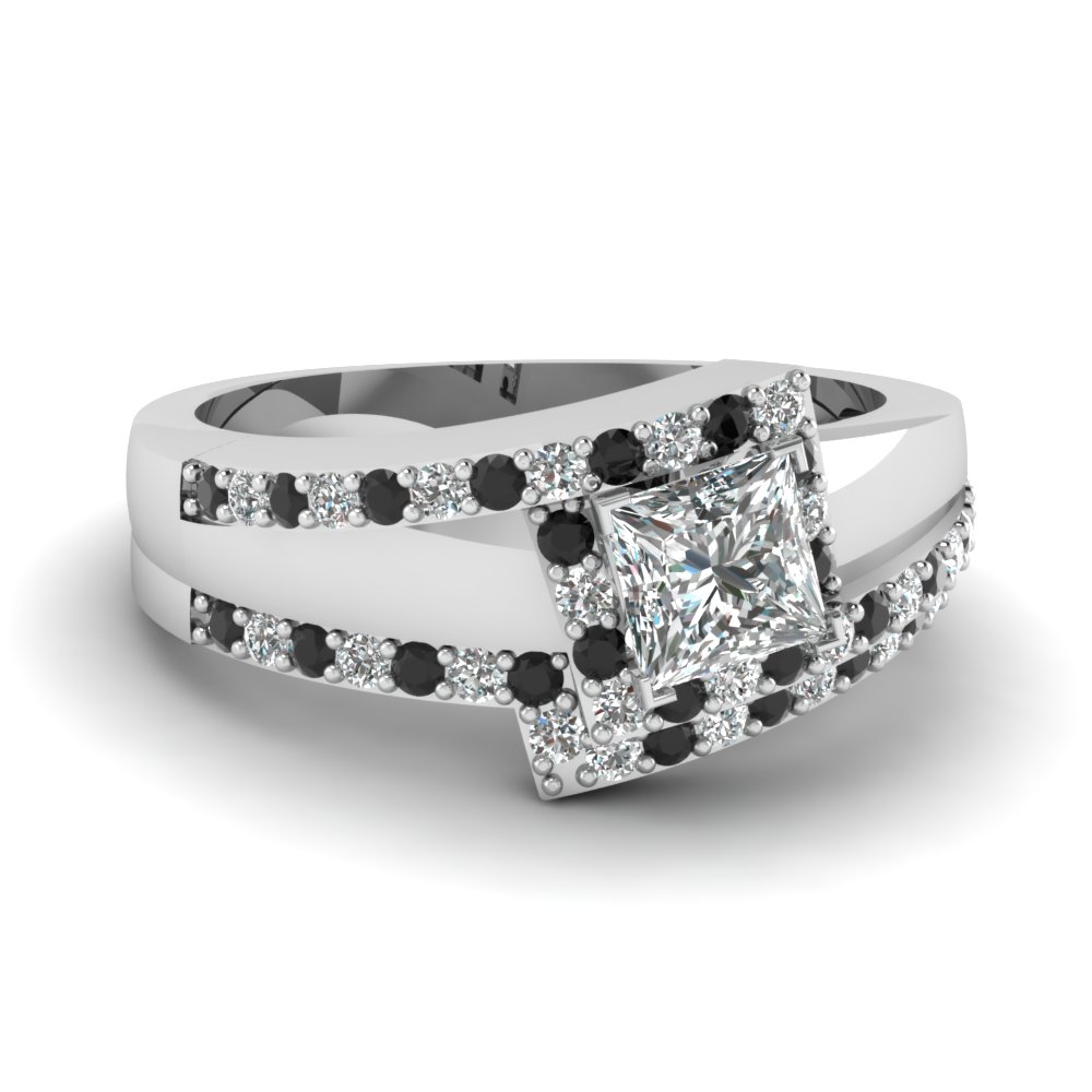 Crossover Princess Cut Halo Wedding Set With Black Diamond In 14K ... Crossover Princess Cut Halo Wedding Set With Black Diamond In 14K ...