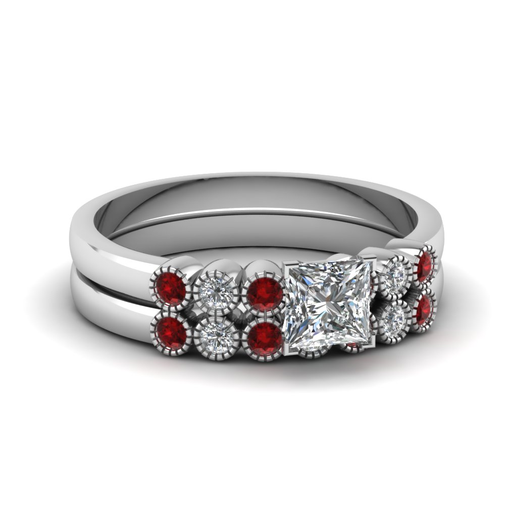 Bezel Milgrain Princess Cut Diamond Wedding Ring Set With Ruby In 14K ...