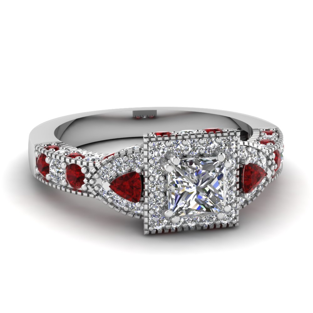 Trillion Halo Princess Cut Diamond Engagement Ring With Ruby In 14K