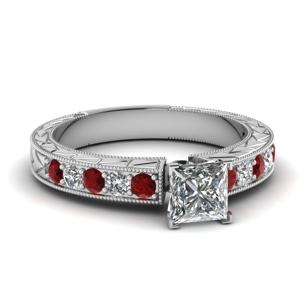 princess cut vintage pave diamond engagement ring with ruby in FDENS395PRRGRUDR NL WG
