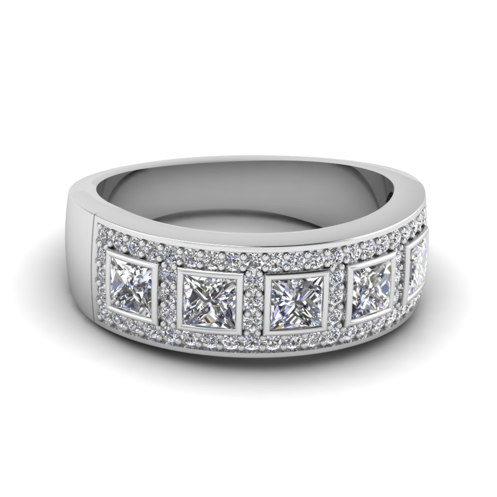 white gold princess white diamond wedding band in bezel pave set FD64034B NL WG