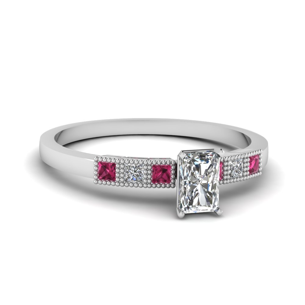 milgrain petite radiant diamond engagement ring with pink sapphire in FDENS3088RARGSADRPI NL WG