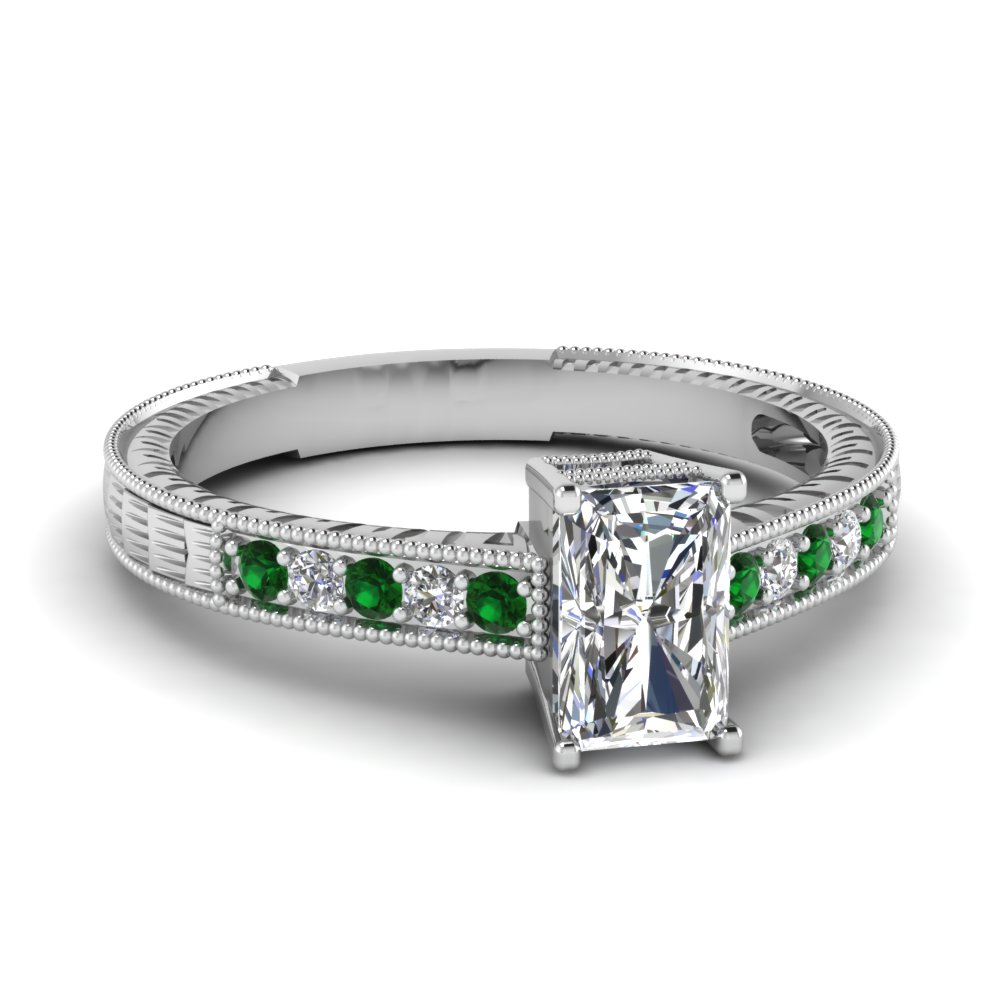radiant cut antique engraved diamond engagement ring with emerald in FDENR660RARGEMGR NL WG