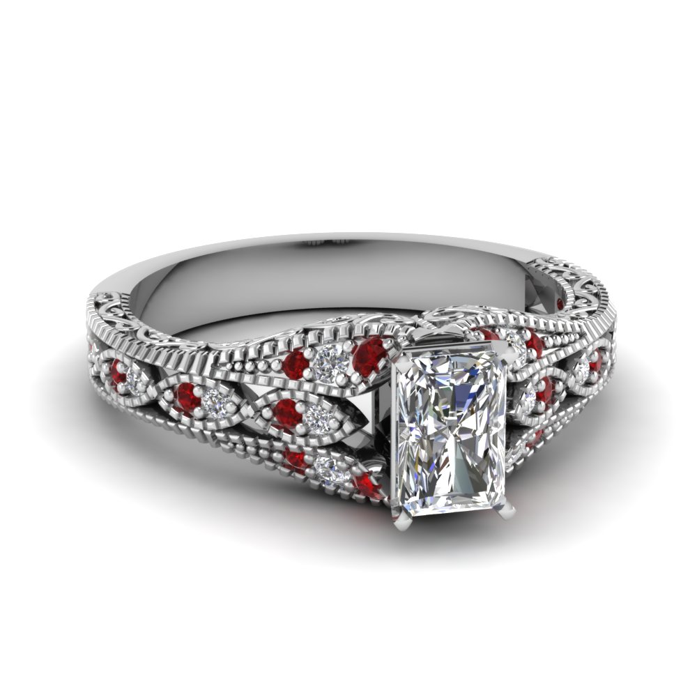 Ruby Antique Filigree Radiant Cut Diamond Engagement Ring In 14k