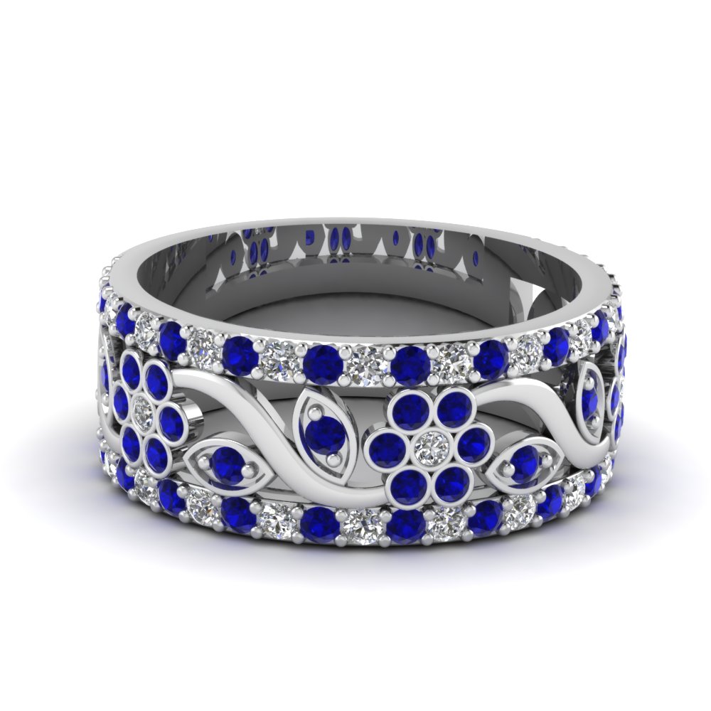 Flower Wide Diamond Anniversary Band With Sapphire In 14K White Gold