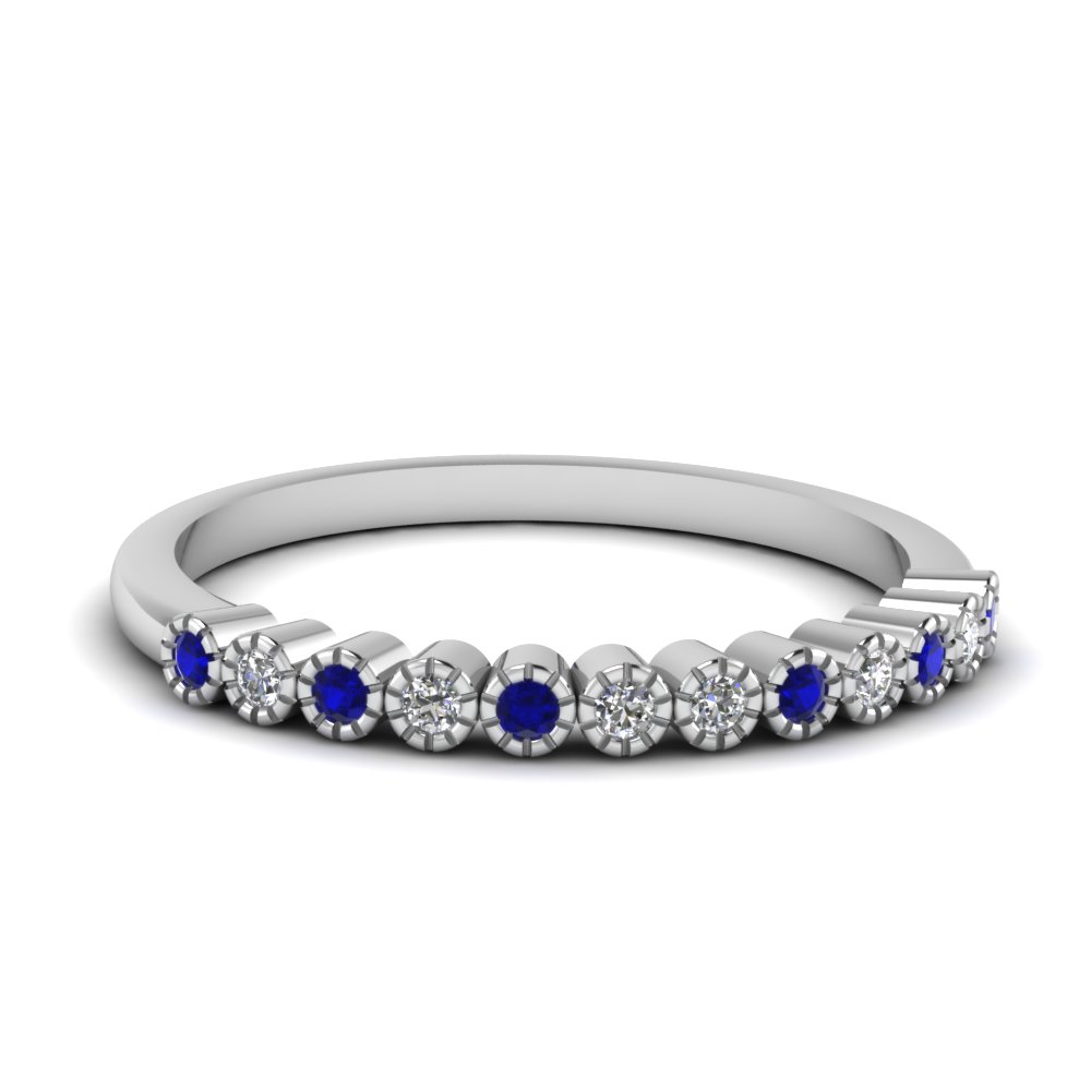 Milgrain Diamond Wedding Band With Sapphire In 18K White Gold ...