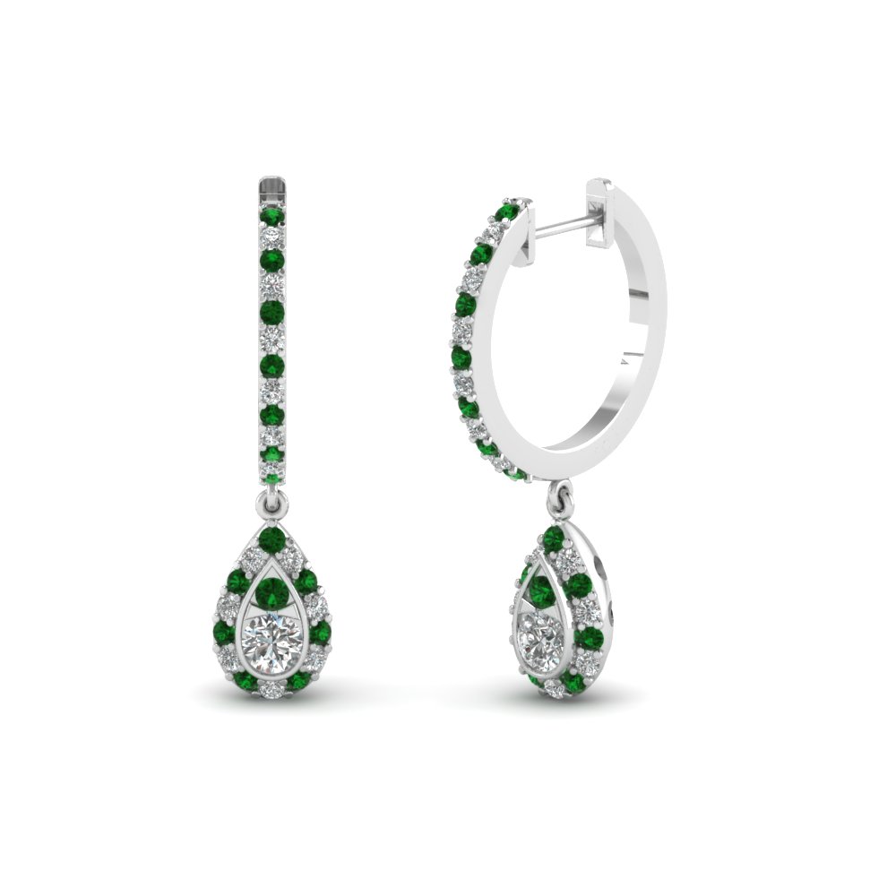 Pear Halo Drop Hoop Diamond Earring With Emerald In 14K White Gold ...