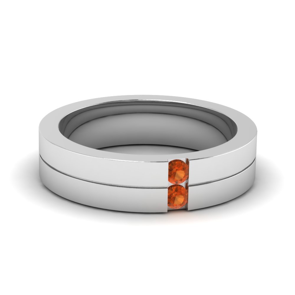 Mens 2 Stone Wedding Ring With Orange Sapphire In 14K White Gold ...