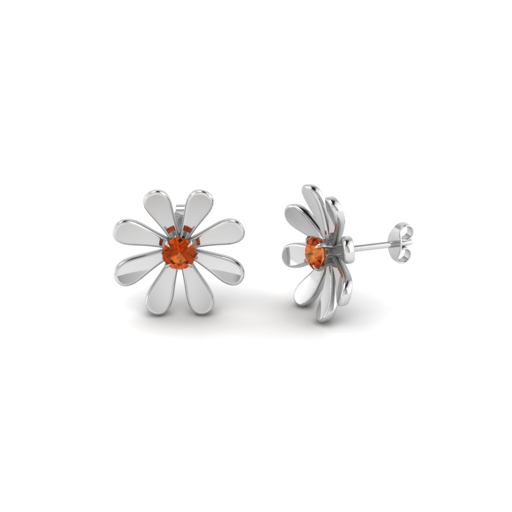 Fancy Flower Orange Sapphire Stud Earring In 14K White Gold ...