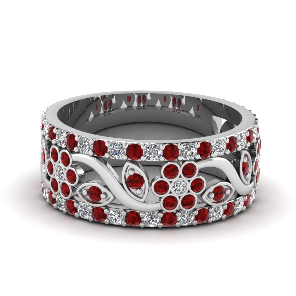 Flower Wide Diamond Anniversary Band With Ruby In 14K White Gold