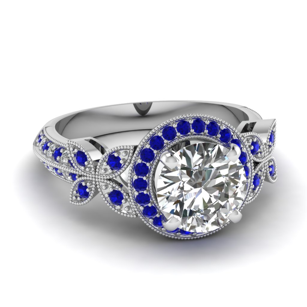 white gold round white diamond engagement wedding ring blue sapphire in pave set FDENS3243RORGSABL NL WG