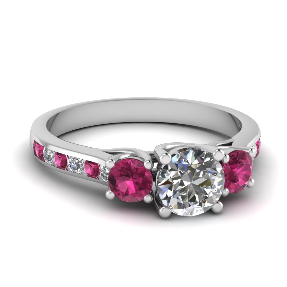 Trellis Channel Set 3 Stone Diamond Engagement Ring With Pink Sapphire ...