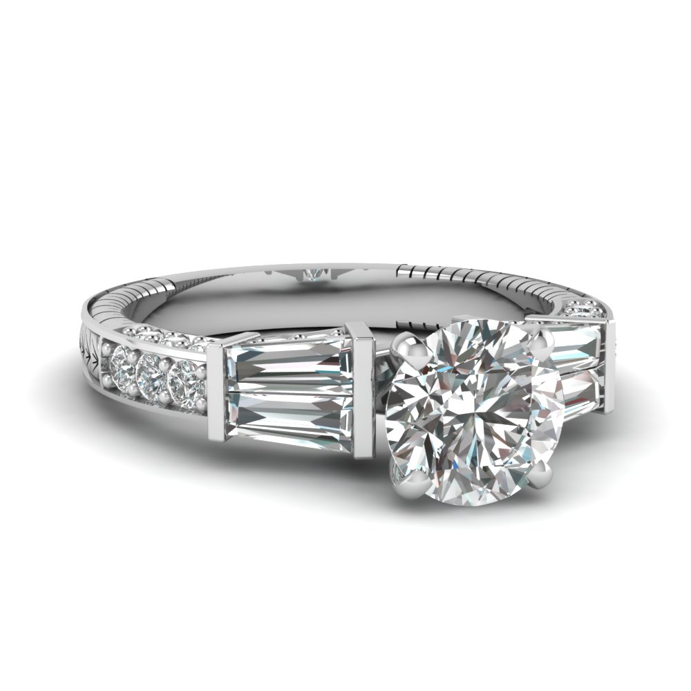 Vintage Baguette Round Diamond Engagement Ring In 14k White Gold